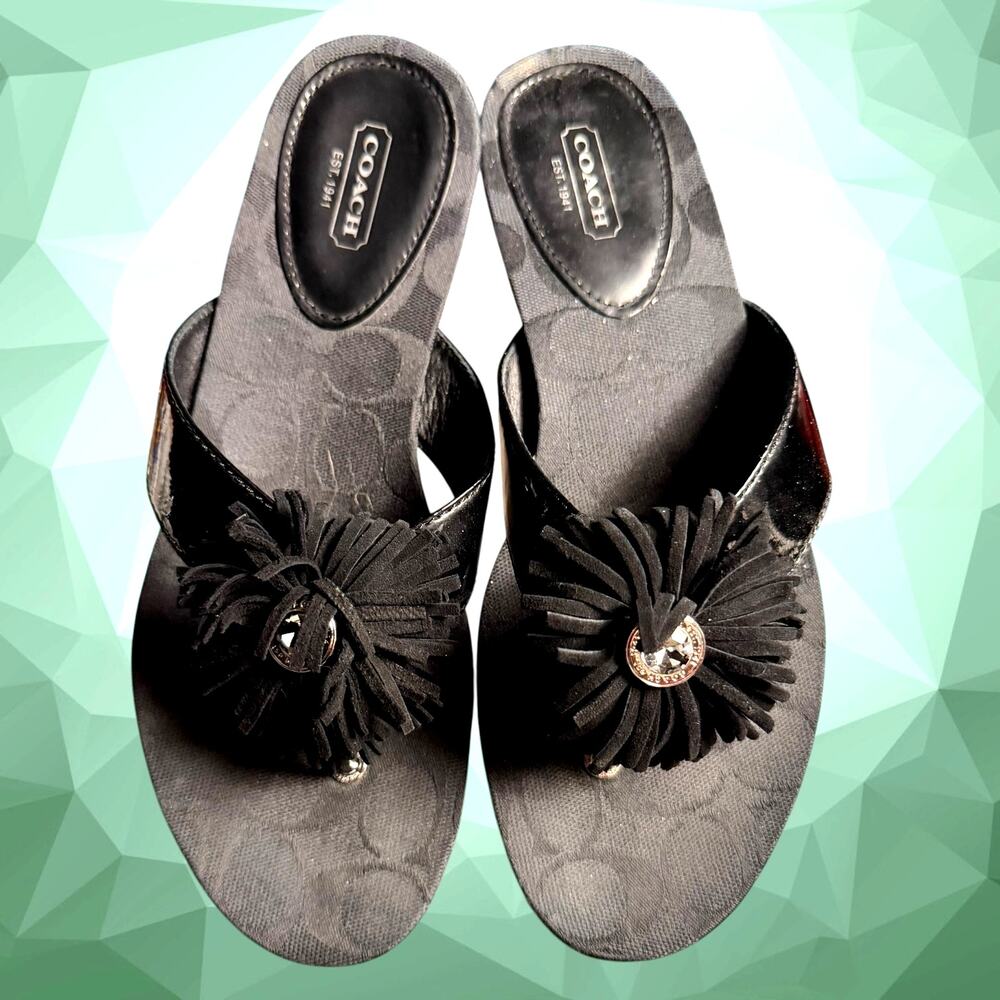 Women's Size 9B COACH Suki Black Patent Suede Flower Flip Flop Sandals EUC